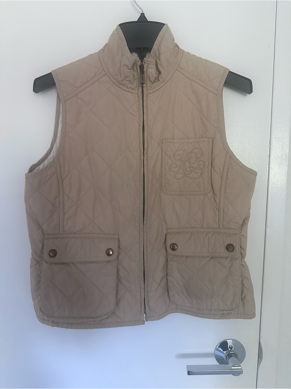 Lauren Ralph Lauren Reversible Quilted Vest Beige White Monogram Women’s M